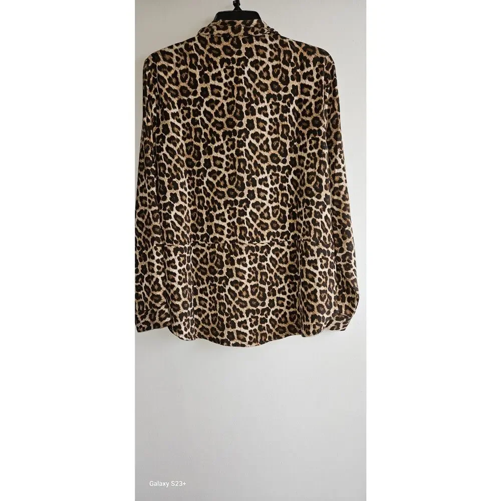 Michael Kors Women's Dark Camel Leopard Print Long Sleeve Tunic Blouse Top L NWT